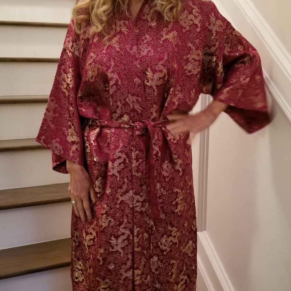 Vintage Just Guy NWOT Silk Embroidered Long Robe in Rasberry Red & Gold OS, $135
